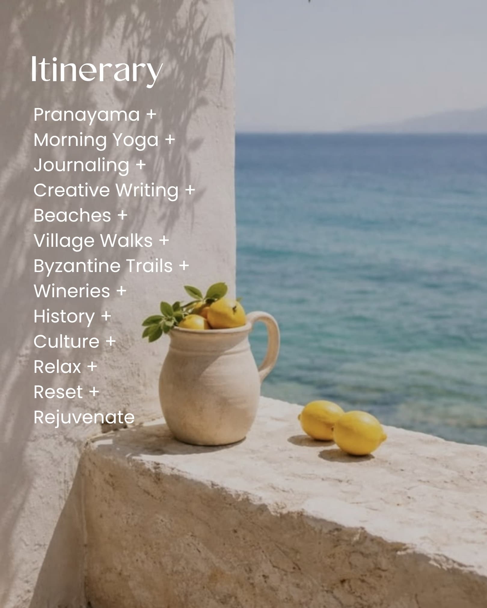 Retreat itinerary — yoga, beaches, village walks, and more