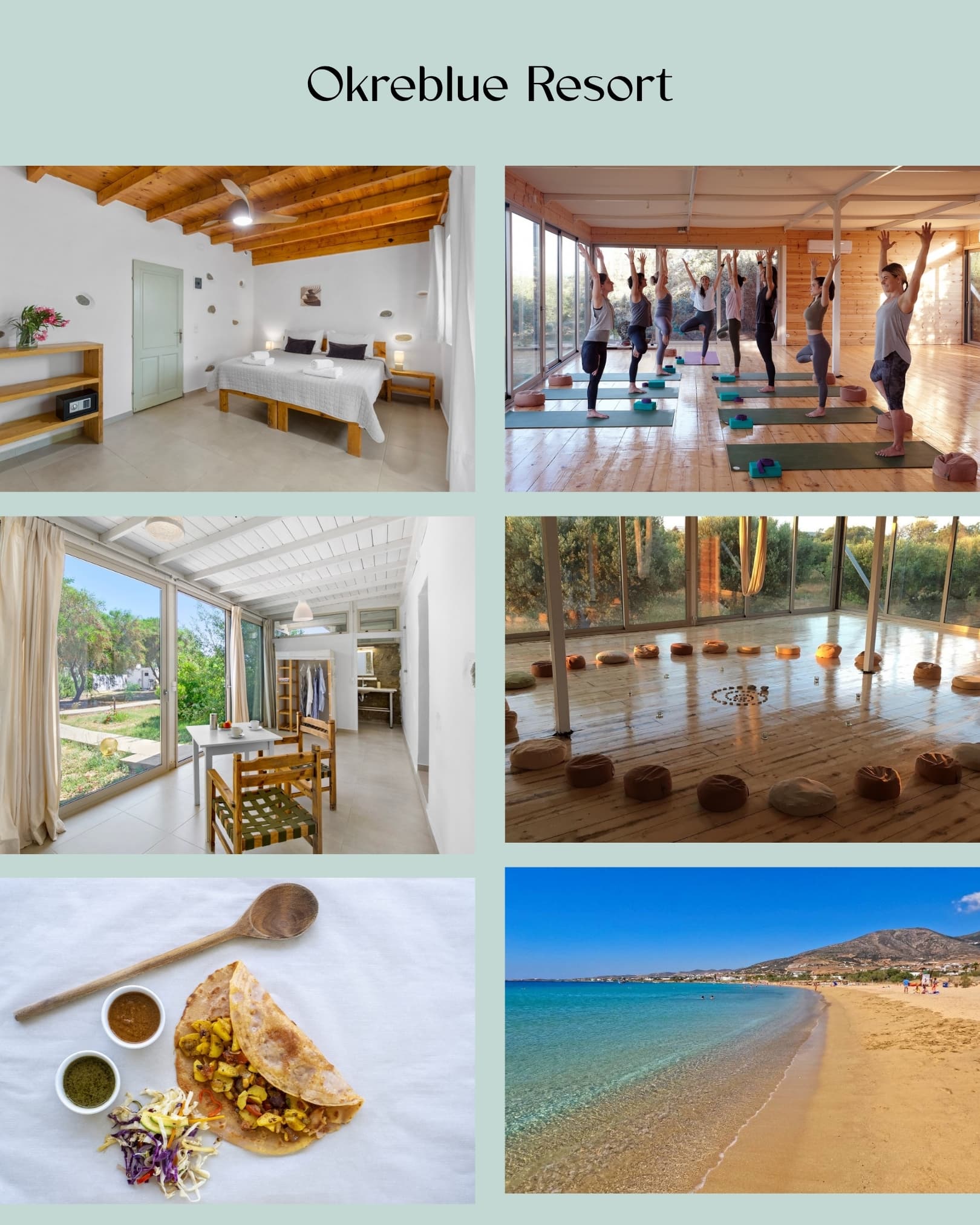 Okreblue Resort — accommodations, yoga studio, and beach on Paros