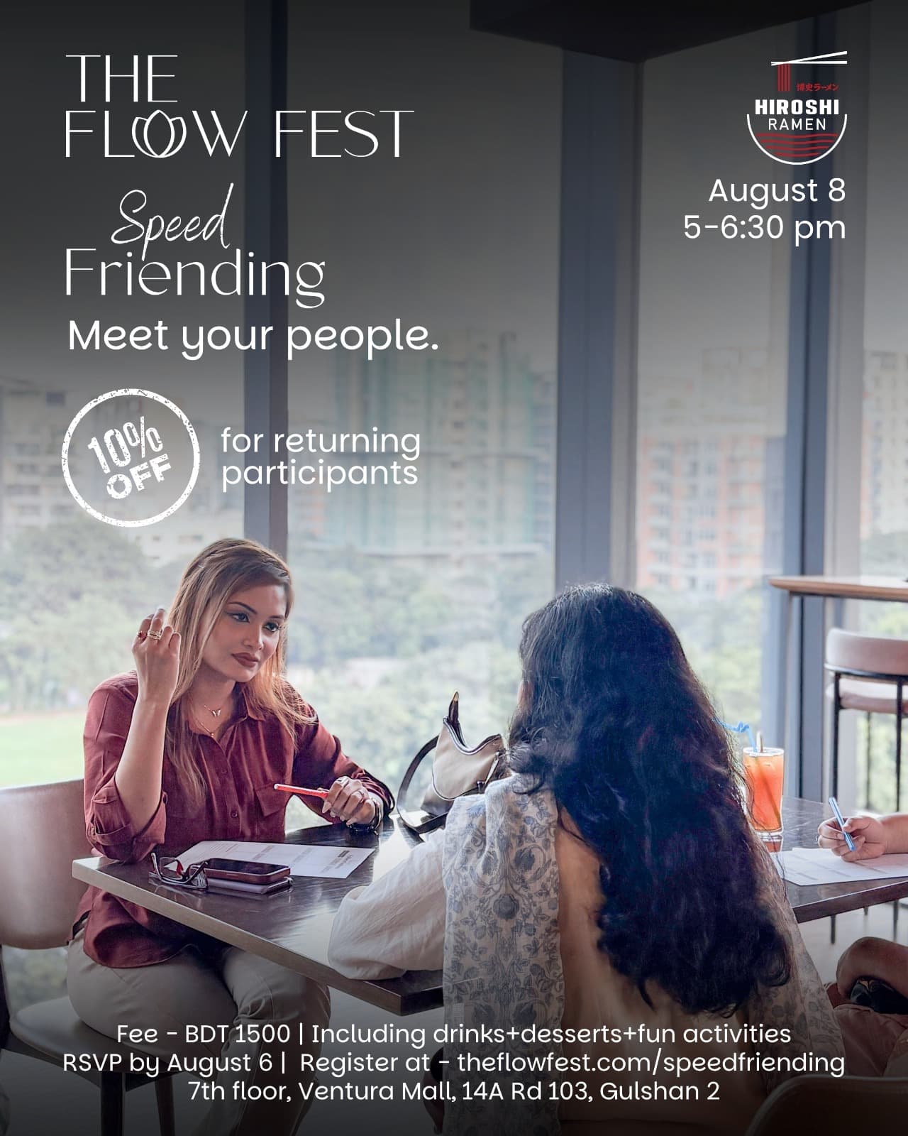 Two guests in conversation at Hiroshi Ramen during Speed Friending